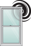 Sketch of coastal window with a scary hurricane logo behind it.